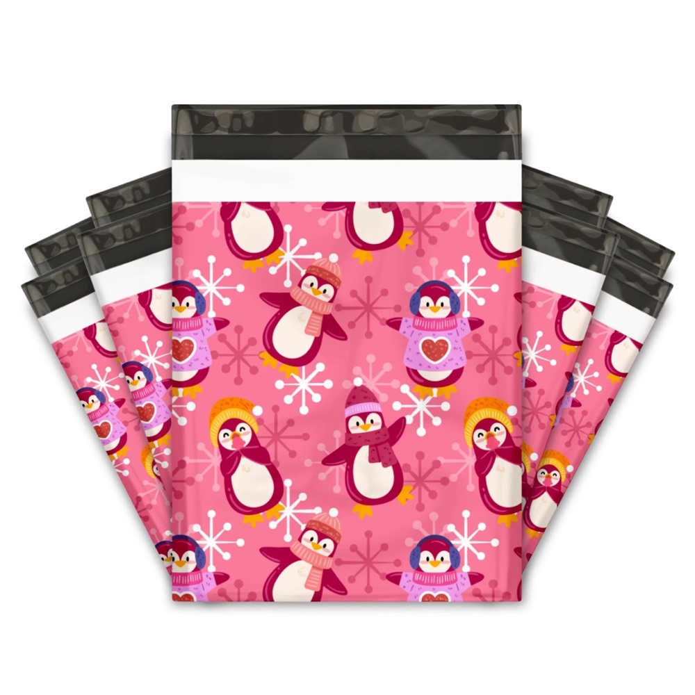 4 SETS LEFT🐧20 Designer Winter Pink Penguins Poly Mailers 10 x 13 inch